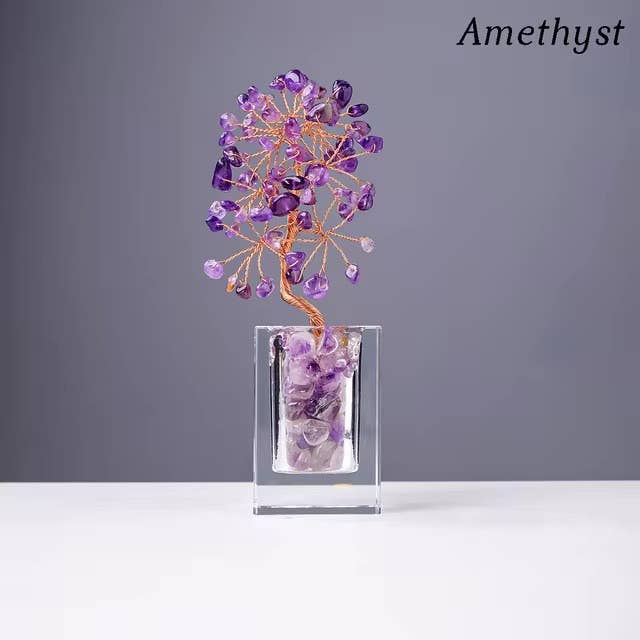 Crystal Mini Tree with Clear Vase H18cm: Amethyst