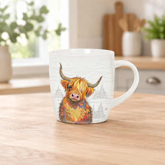 Bug Art Cameron Highland Cow Mug with presentation box white fine bone china mug with colourful Highland cow illustration