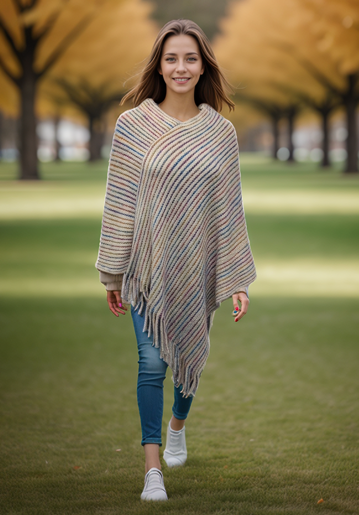 Boho Cream Knitted Poncho | Soft Stripe Design
