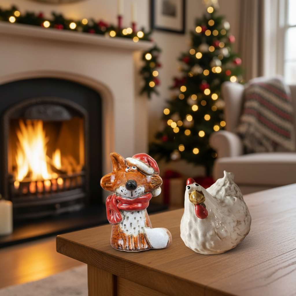 Christmas Fox and Ceramic Chicken by Fireplace