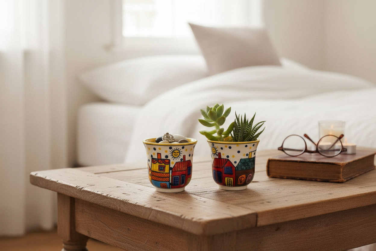 Colourful Ceramic Cache Pots Bedside Lifestyle Shot
