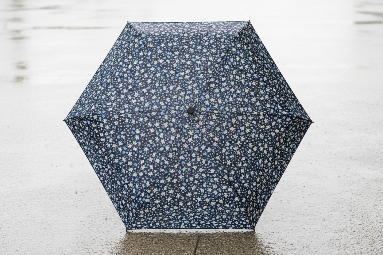 Super Mini Compact Umbrella - 5 Floral Patterns - L18cm Closed shown open with navy floral canopy and dark frame for pocket sized rain protection in Fashion