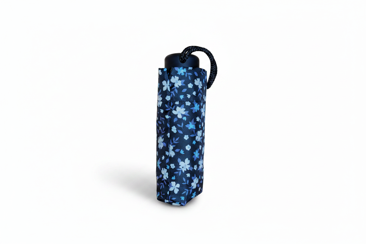 Super Mini Compact Umbrella - 5 Floral Patterns - L18cm Closed in navy with pale blue floral print and black wrist strap for compact Fashion rain protection