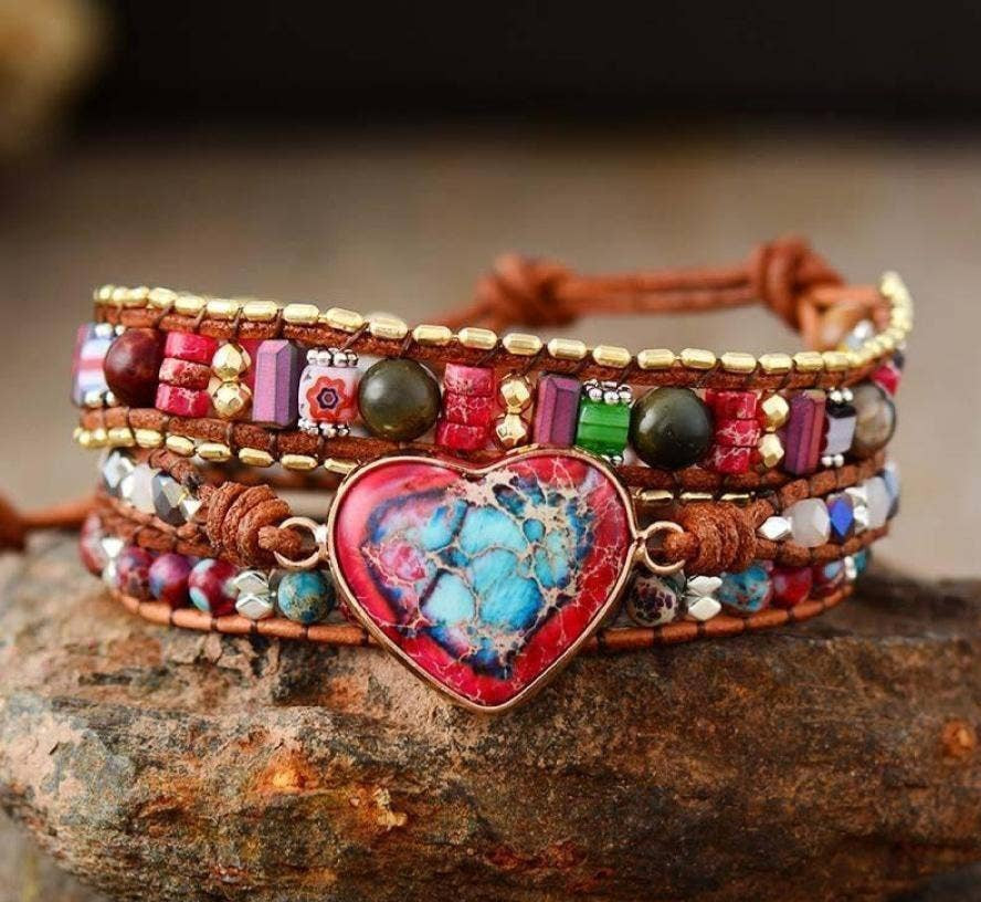 Handmade Mix Gemstone Heart Wrap Bracelet, Boho Love Strap with red green aqua blue and brown gemstones on leather