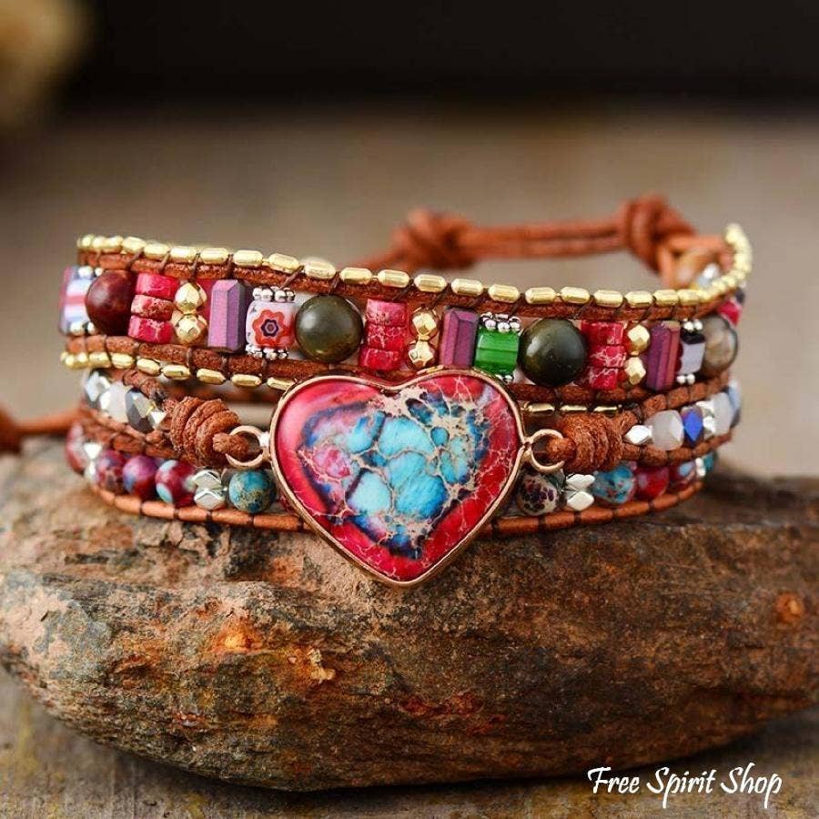 Handmade Mix Gemstone Heart Wrap Bracelet, Boho Love Strap