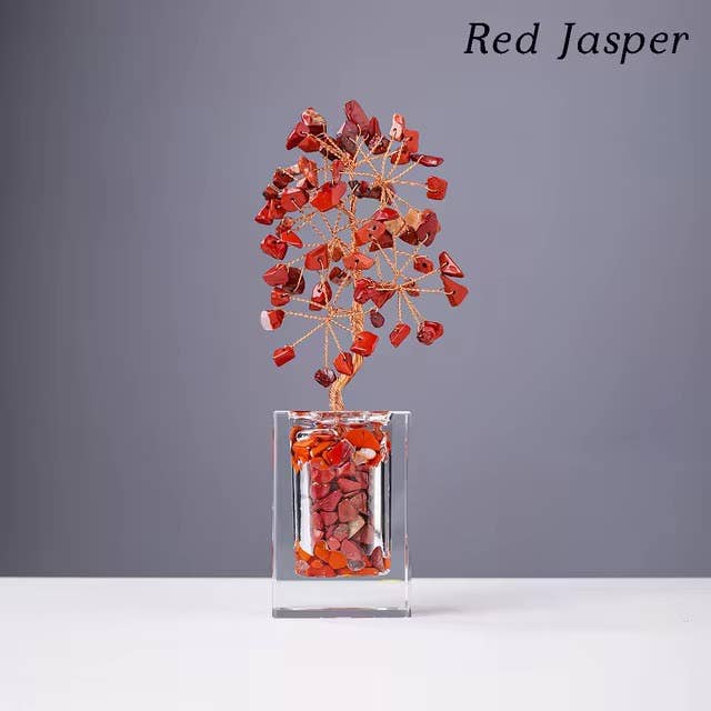 Crystal Mini Tree with Clear Vase H18cm: Red Jasper