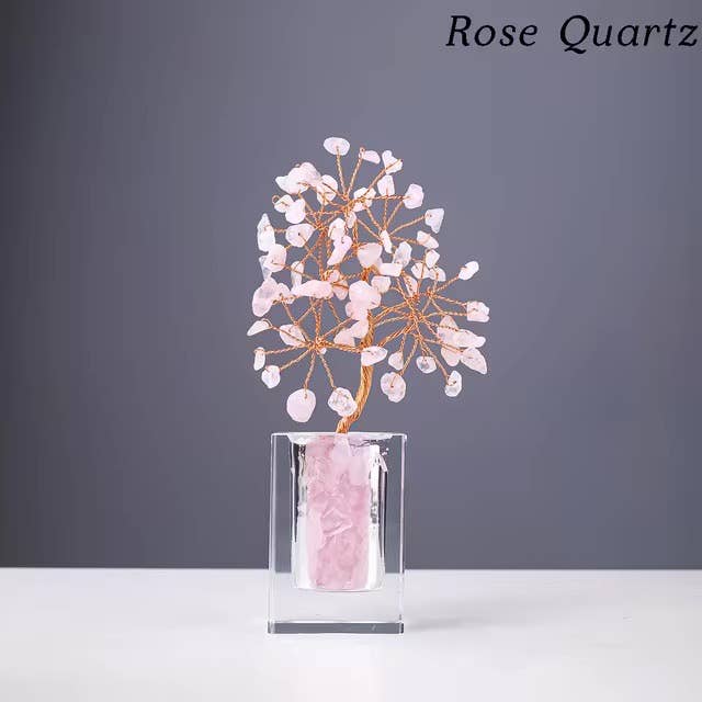 Crystal Mini Tree with Clear Vase H18cm: Rose Quartz
