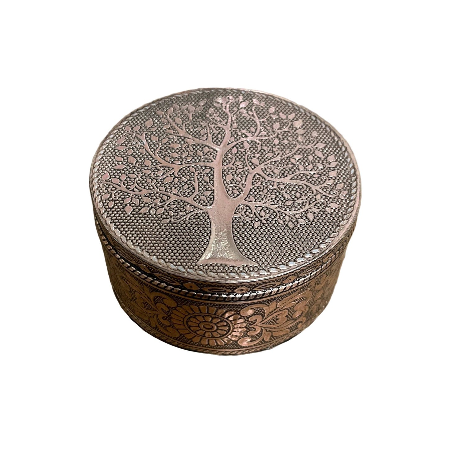 Tree of Life Copper Trinket Box | Embossed Metal Jewellery Box D4"