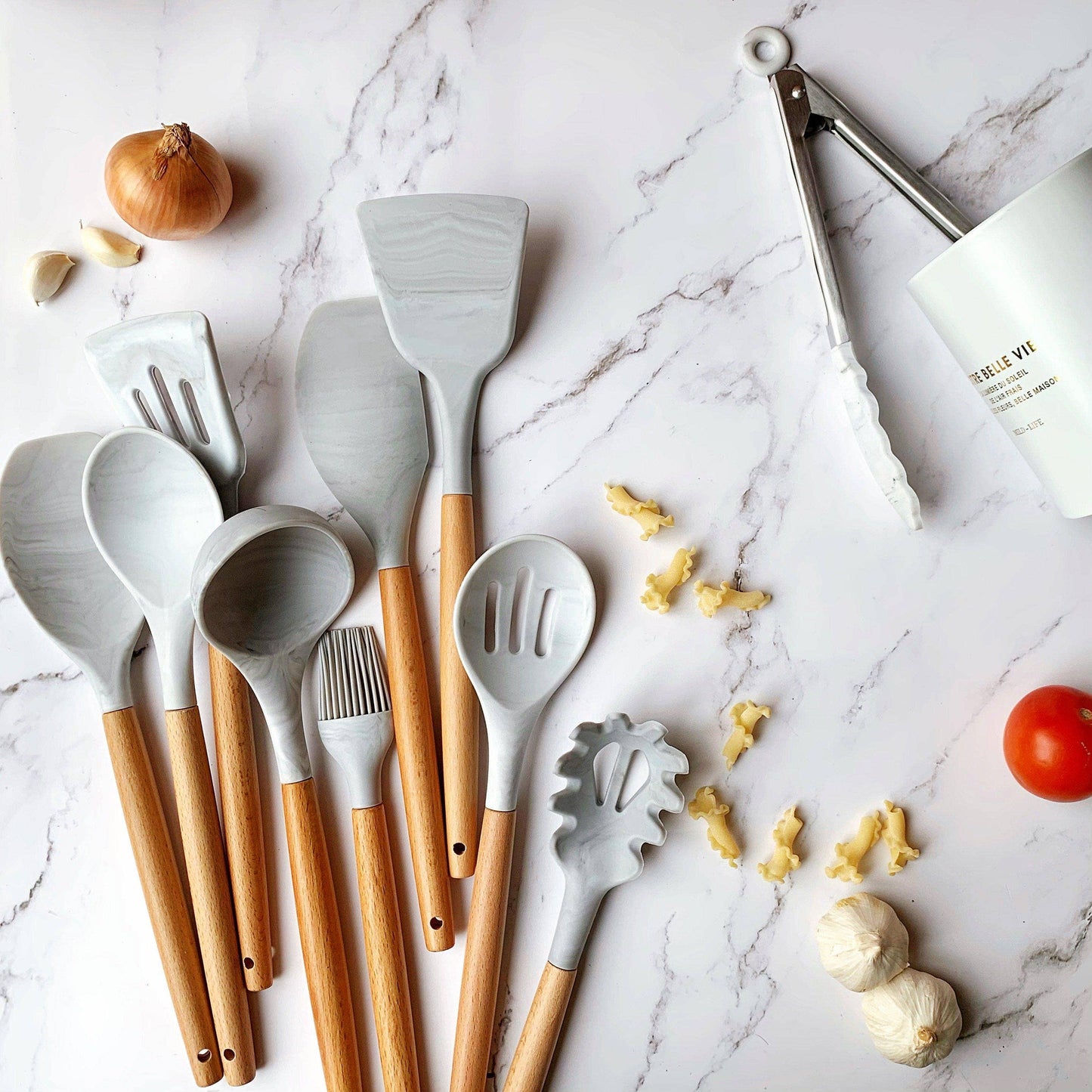 White Grey Marble Silicone Cooking Utensils Set