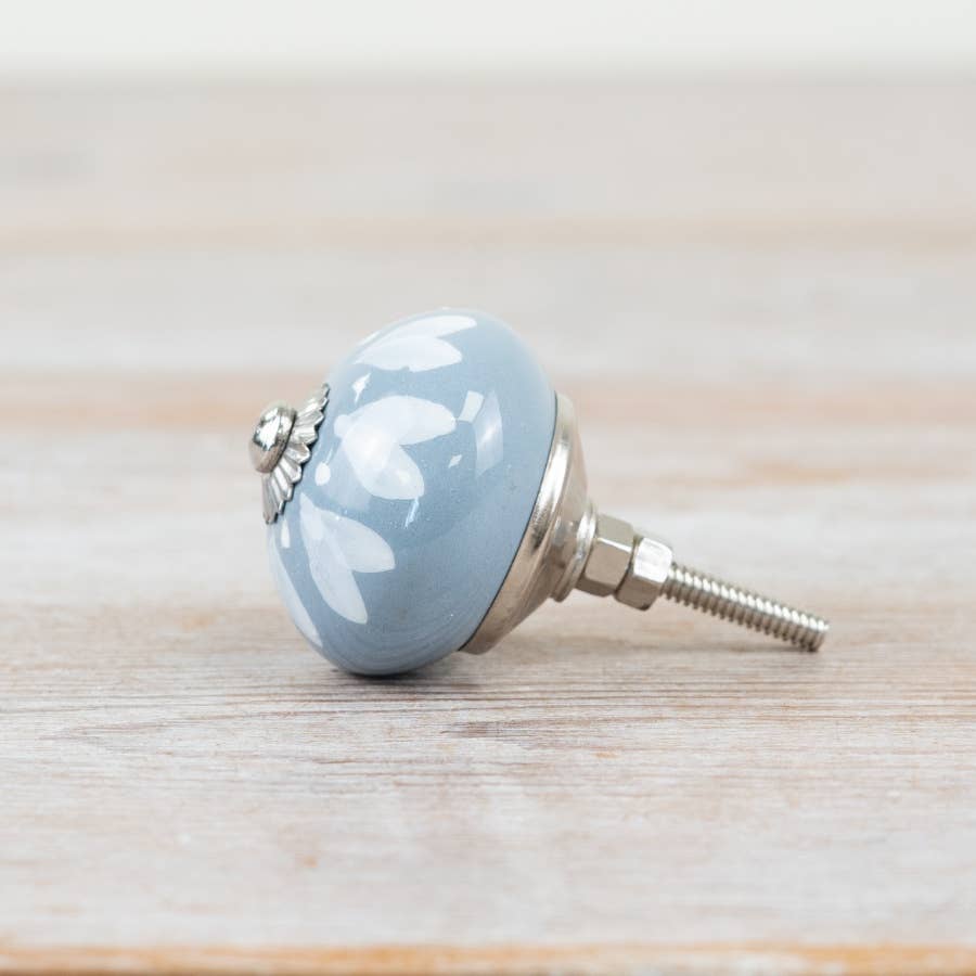 Ceramic Drawer Knobs | Grey-Blue with White Hearts & Silver Centre | Sold in Pairs