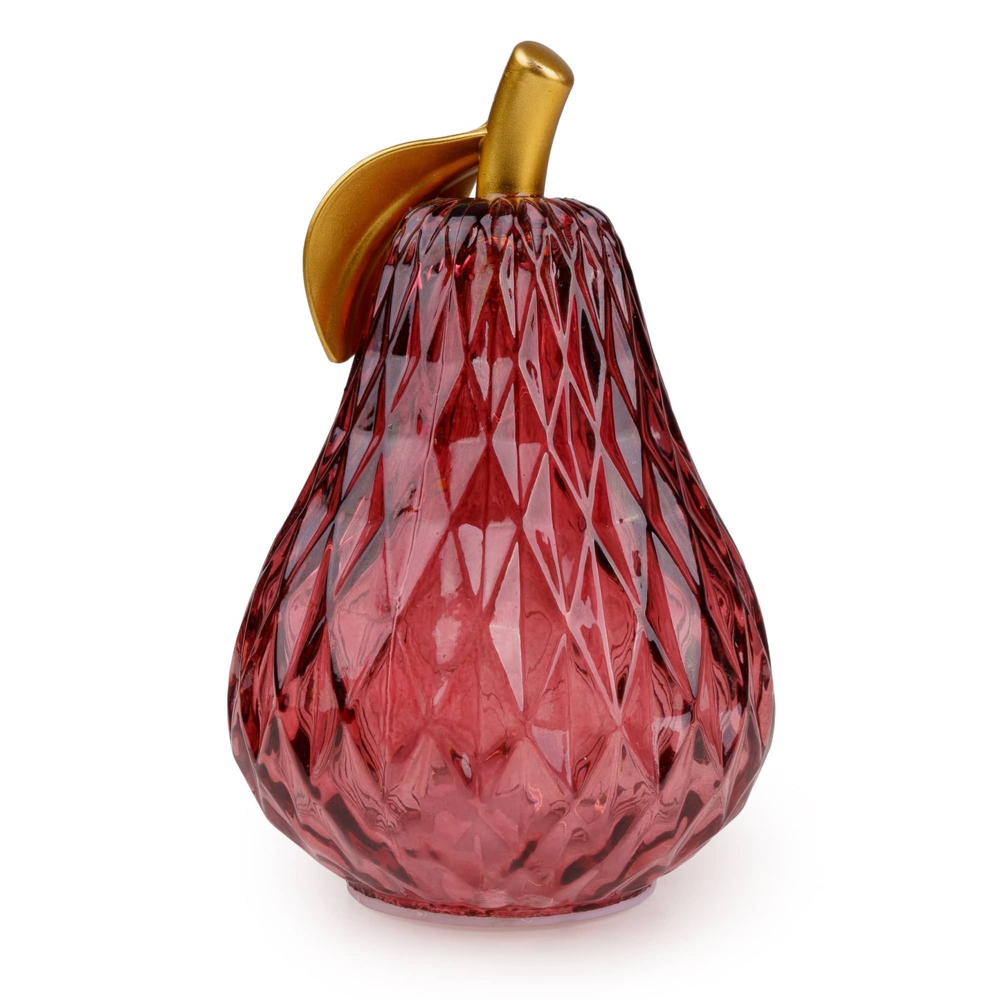 Red Glass Pear LED Light with Gold Stem & Leaf