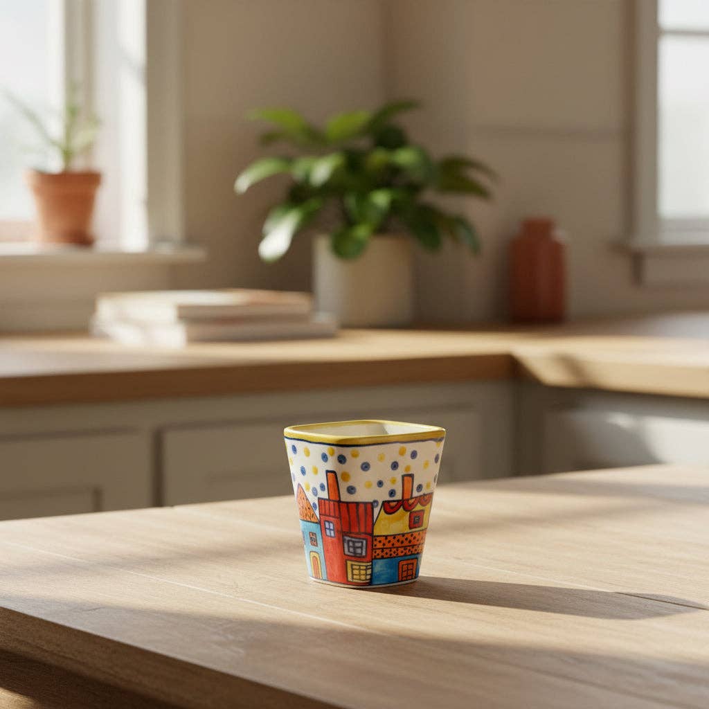 Pair of Colourful Whimsical Village Ceramic Pots H4.5"