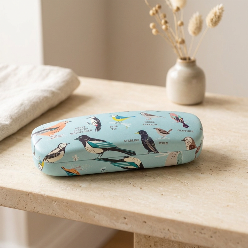Garden Birds glasses case on a warm ivory surface
