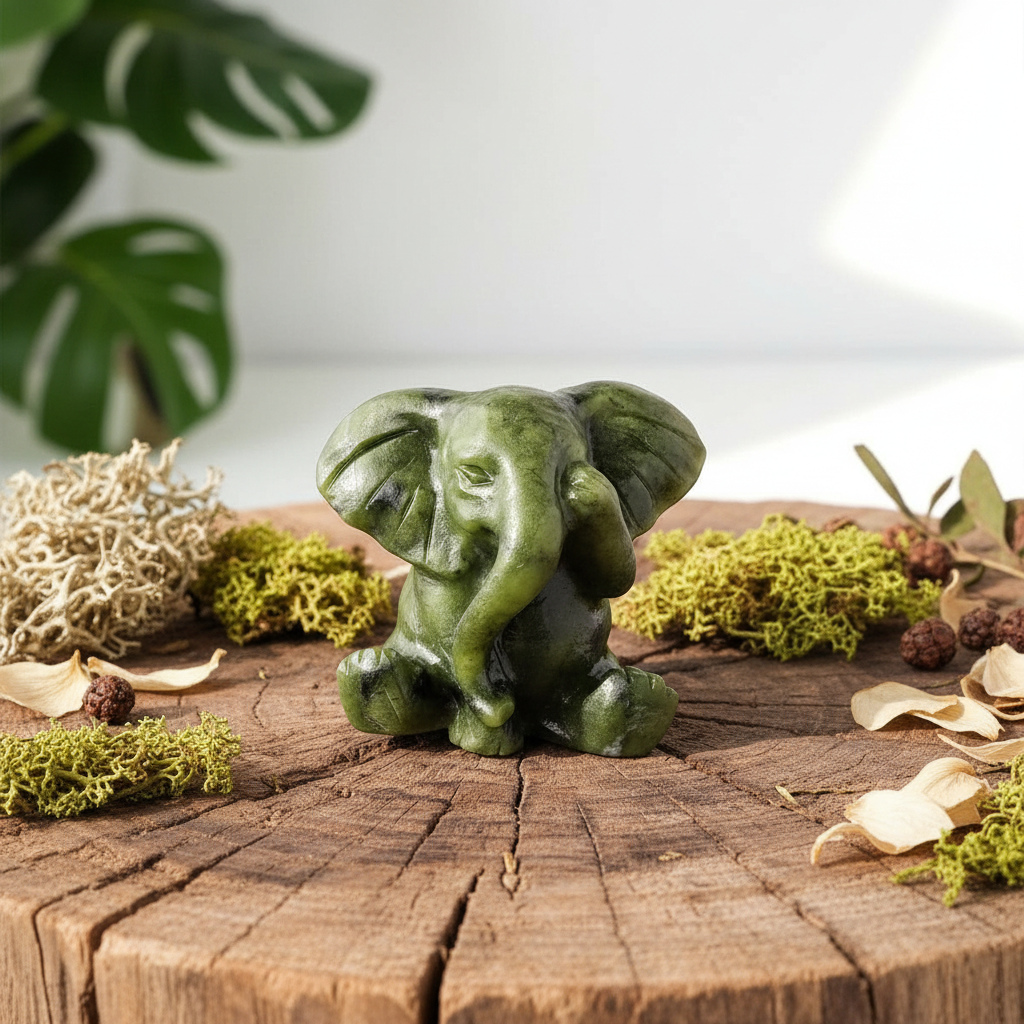 Green Jade Elephant - Natural Carved Look