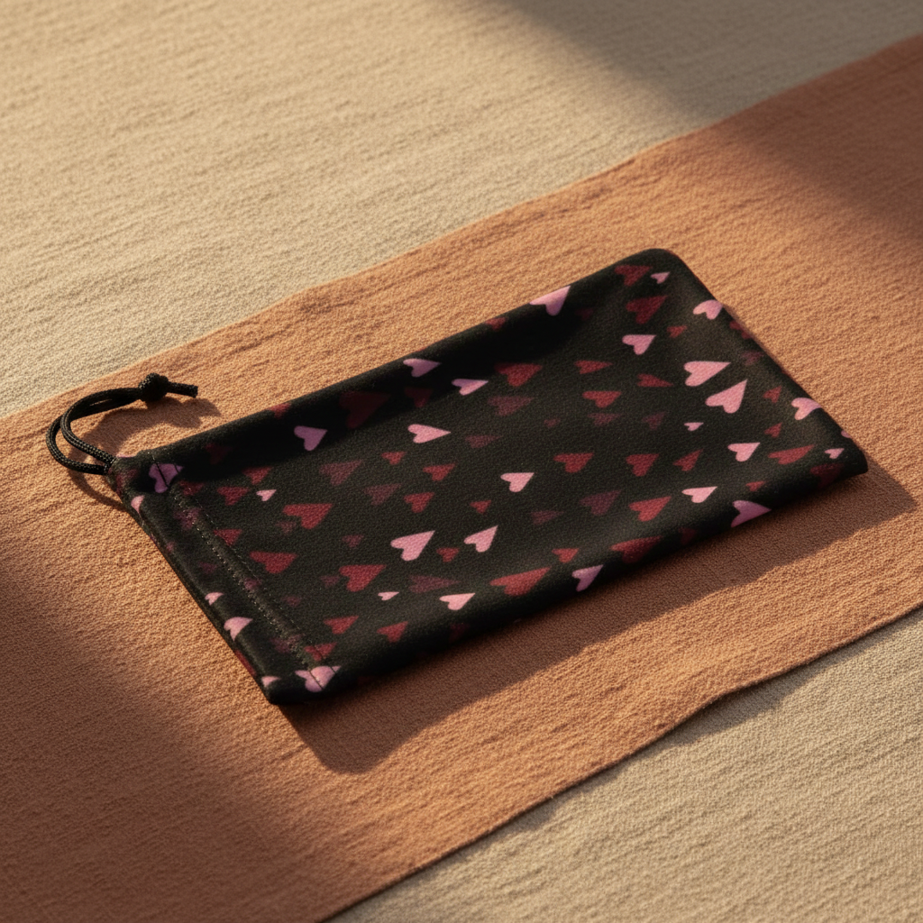 Microfibre Sunglasses Pouch - 2 Designs black microfibre sunglasses pouch with pink and red heart print and drawstring loop for protecting and cleaning lenses in Fashion