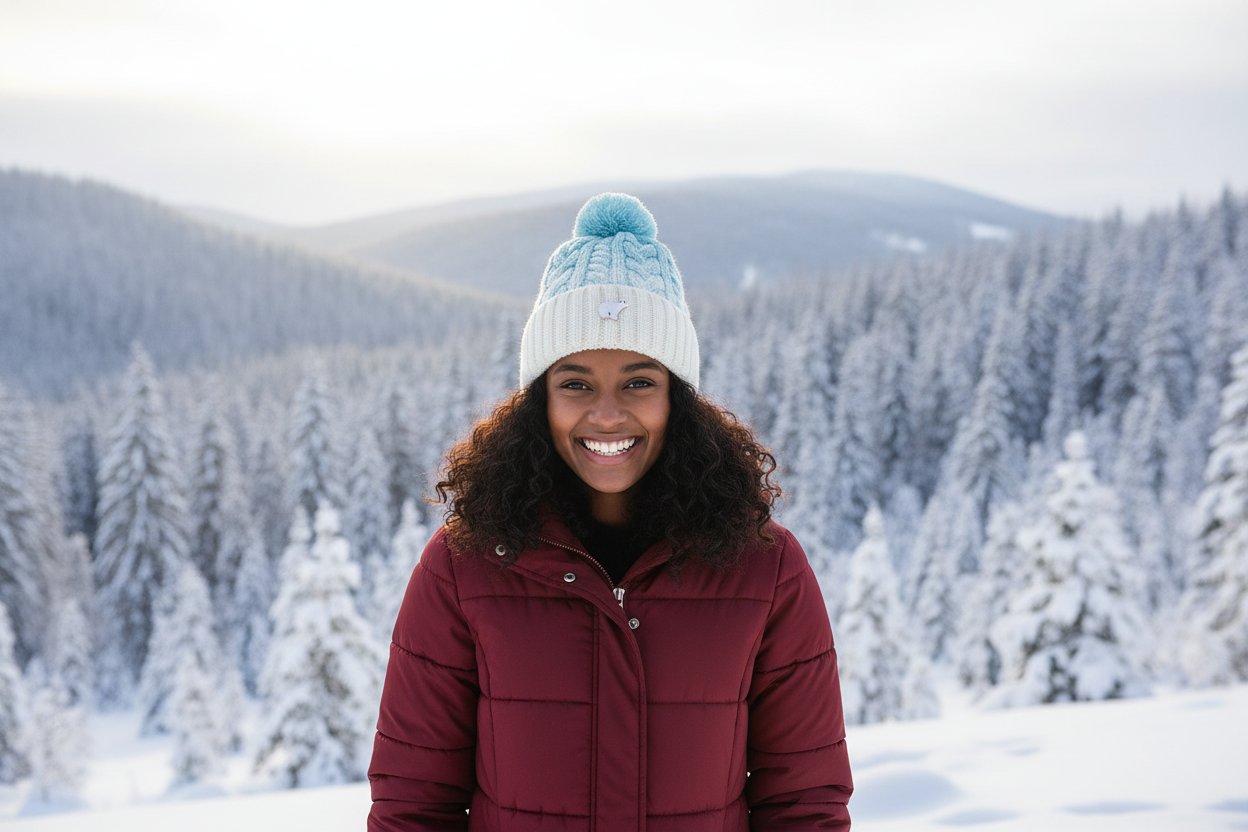 Ice Cream Blue Bobble Hat with Polar Bear on Model