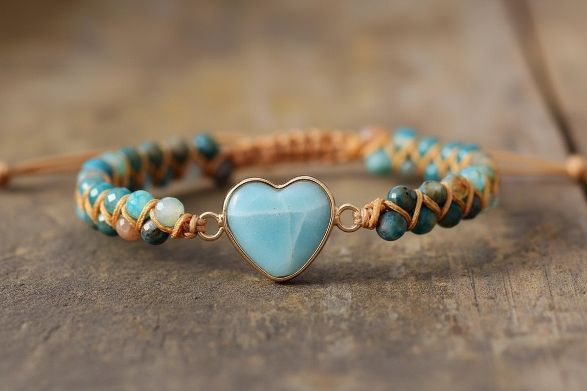 Natural Amazonite Heart Bead Bracelet with aqua blue and brown gemstone beads and gold tone heart centrepiece