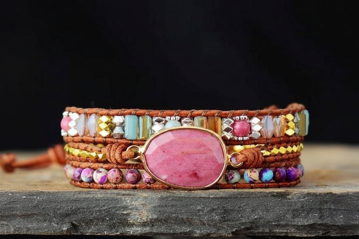 Natural Rhodonite & Jasper Wrap Bracelet with colourful gemstone beads, leather and gold and silver accents