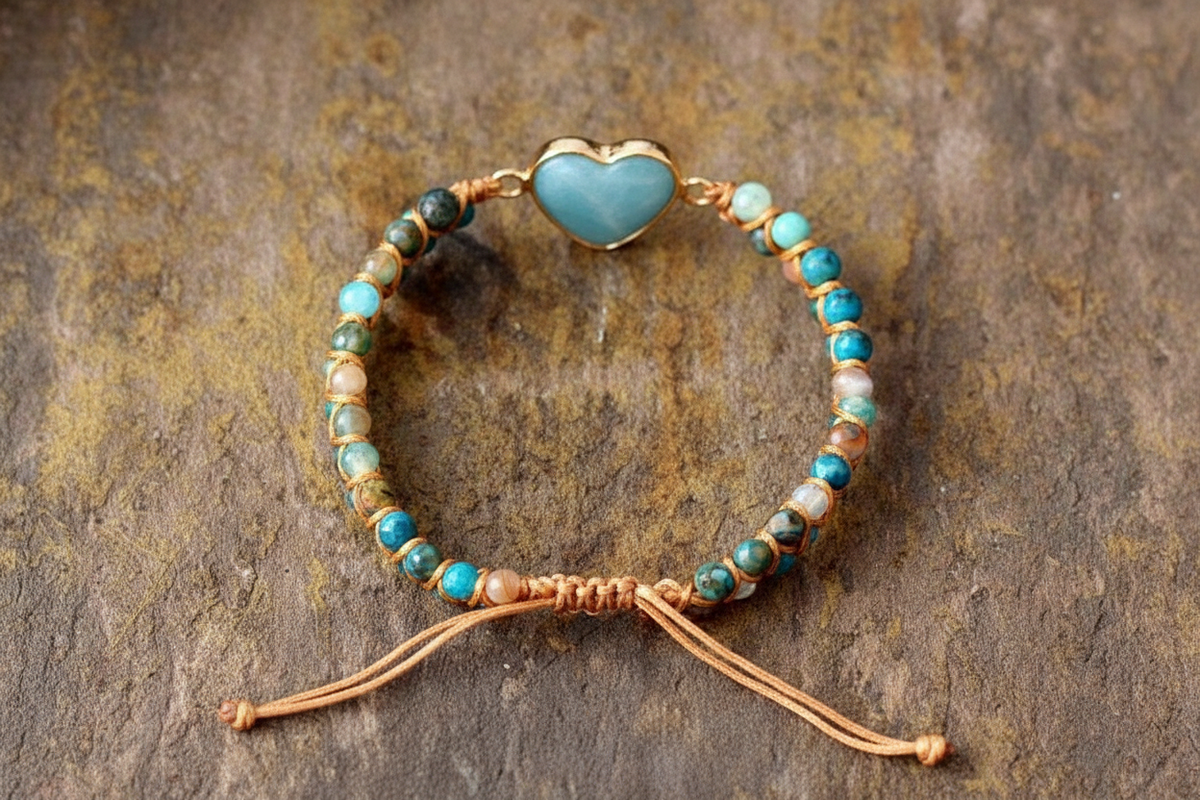 Natural Amazonite Heart Bead Bracelet with aqua blue and brown gemstone beads and gold-tone heart centrepiece