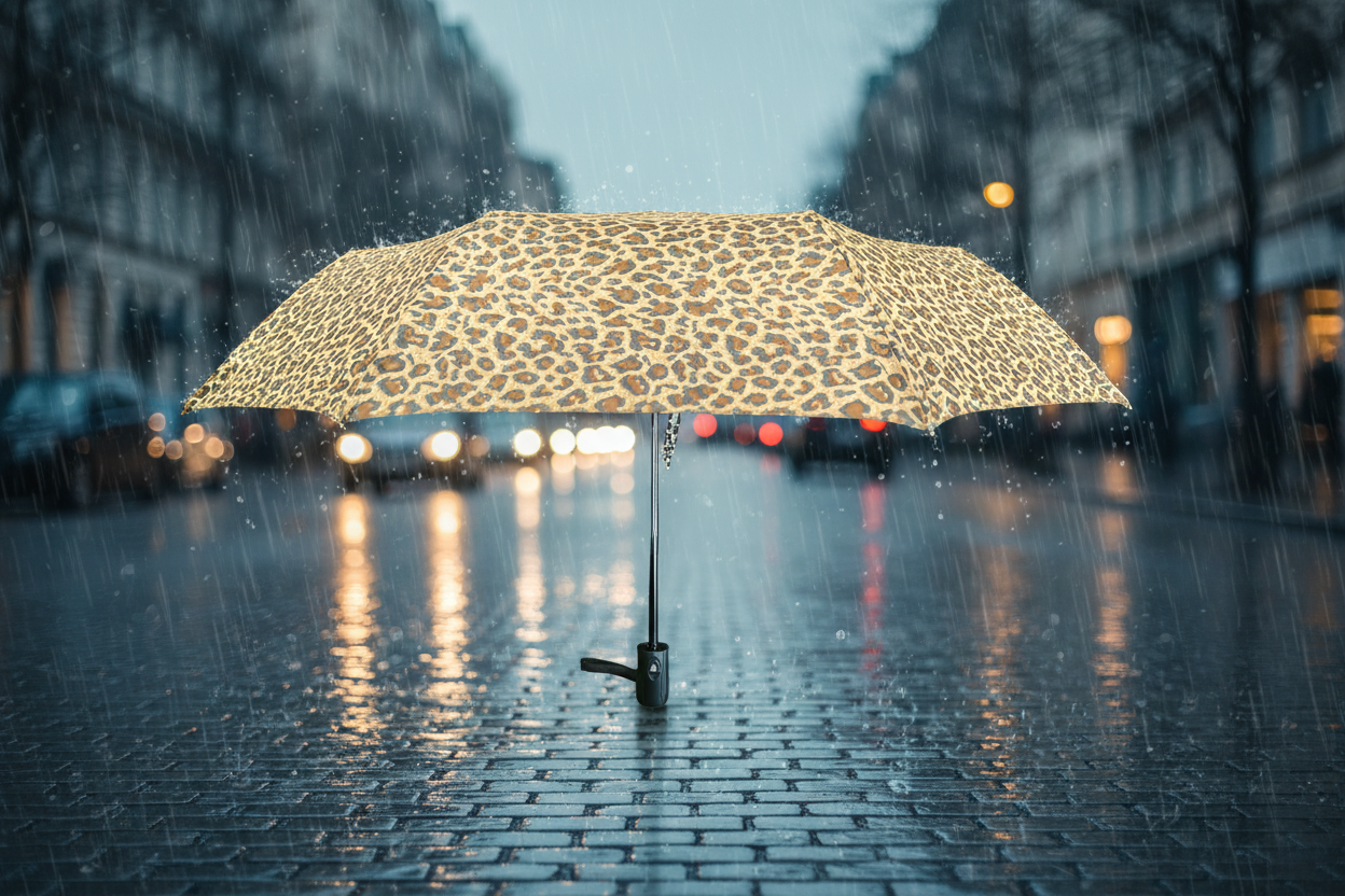 Auto Open Compact Umbrella - 3 Patterns - L31cm Closed with open tan leopard print canopy black shaft and handle in rainy city streets for Fashion