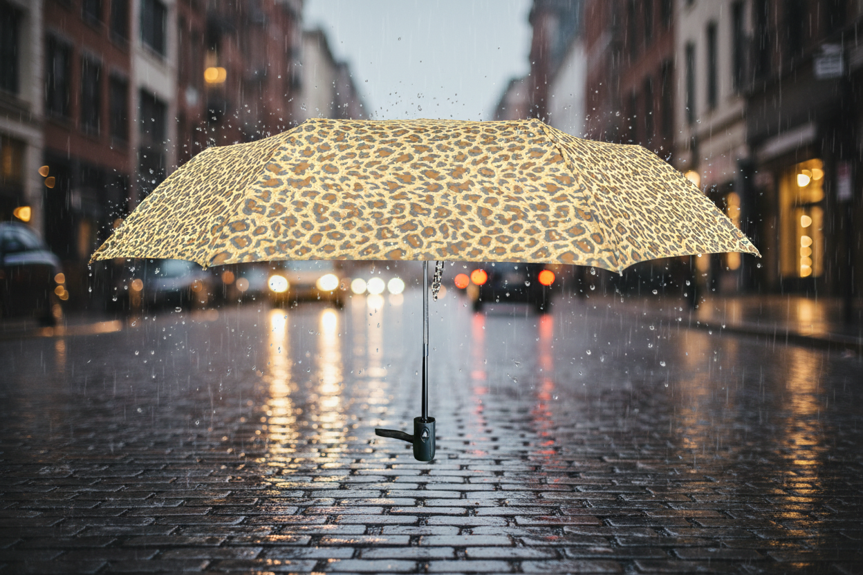 Auto Open Compact Umbrella - 3 Patterns - L31cm Closed open in tan and black leopard print with black shaft and handle against a rainy city street in Fashion