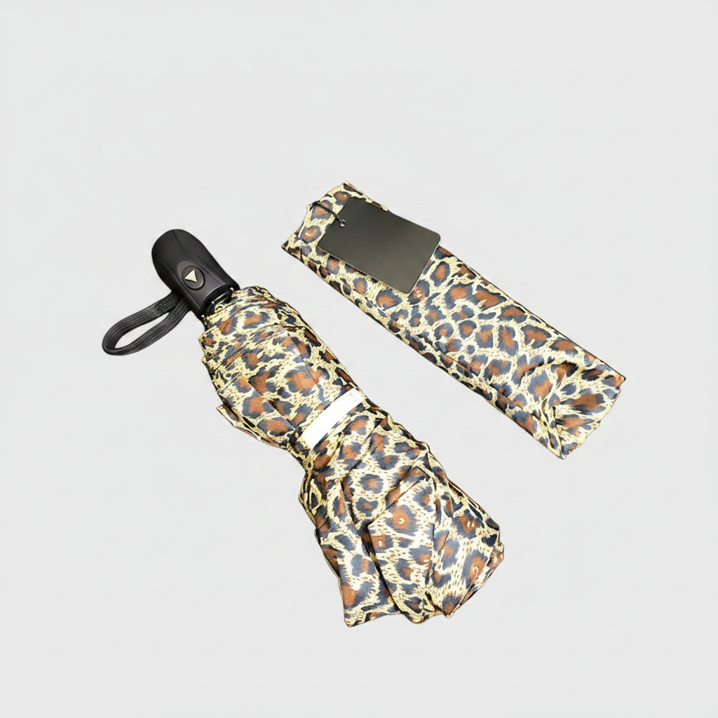 Auto Open Compact Umbrella - 3 Patterns - L31cm Closed in tan and black leopard print with matching sleeve and black wrist strap for compact Fashion rain protection