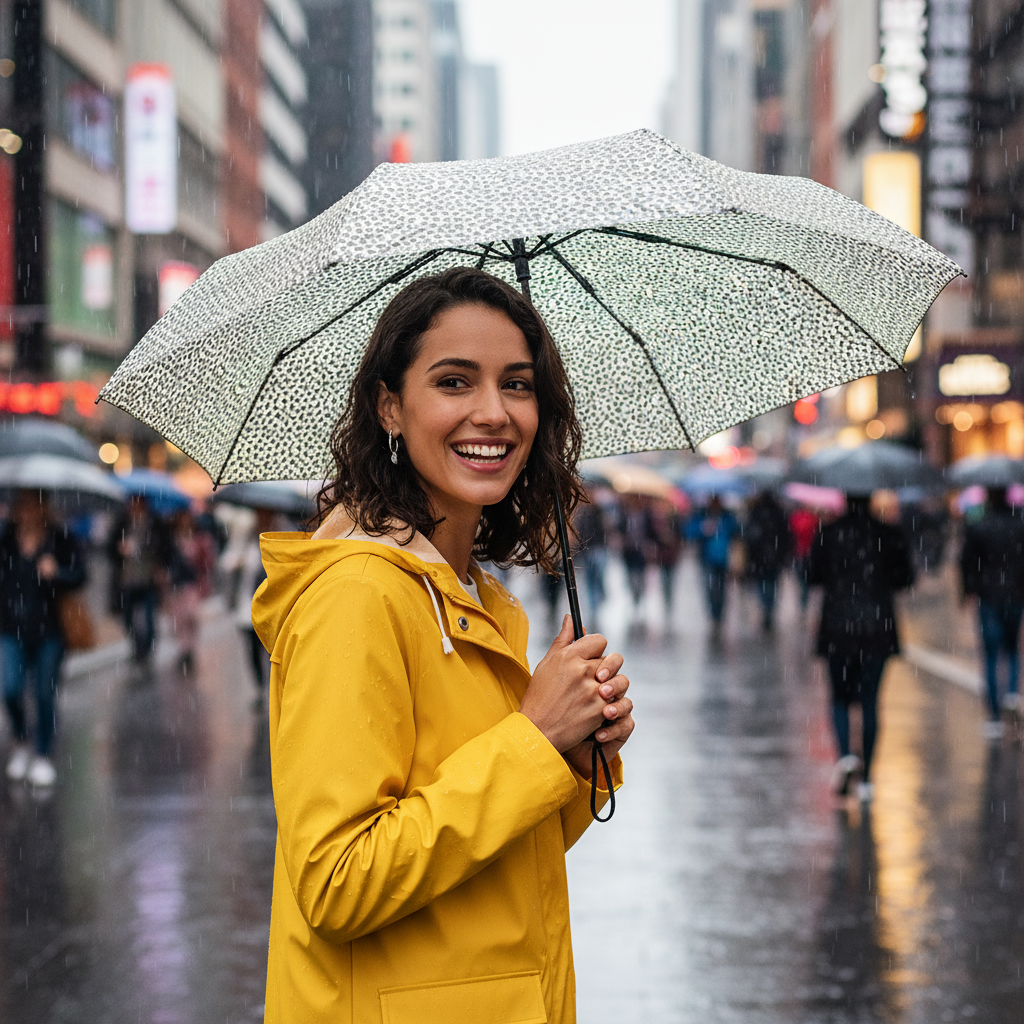 Mini Compact Umbrella - 4 Prints - L24cm Closed with snow leopard print canopy held by woman in yellow raincoat on a rainy city street for Fashion