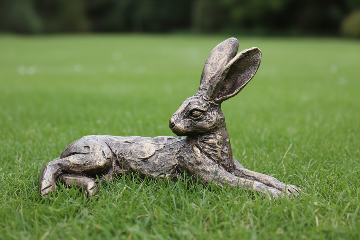 Lounging Hare Bronze Sculpture on Lawn