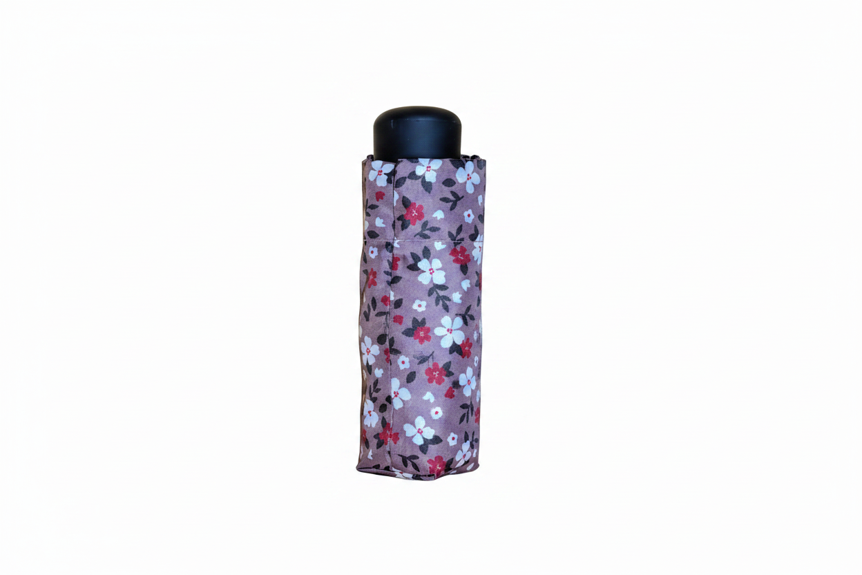 Super Mini Compact Umbrella - 5 Floral Patterns - L18cm Closed, folded umbrella in mauve and brown floral print with black cap, compact Fashion accessory