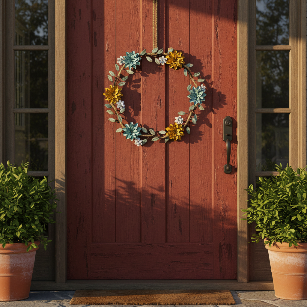 Metal Flowers and Rope Wreath - Door