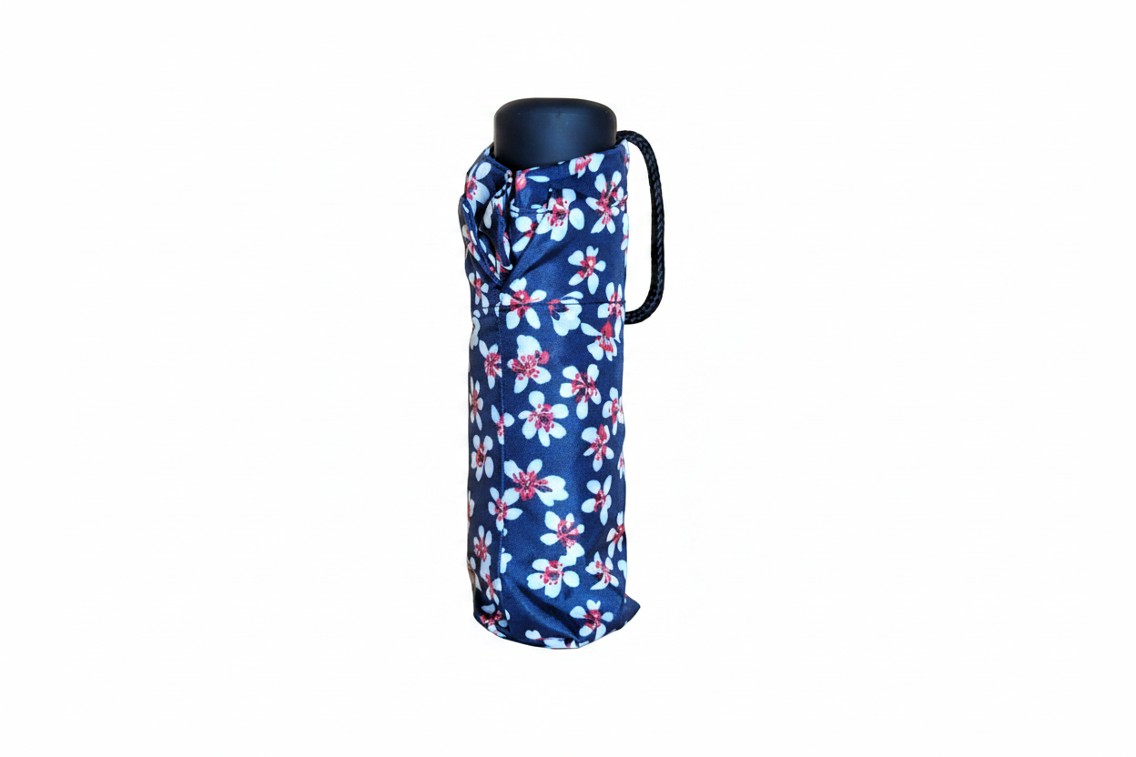 Super Mini Compact Umbrella - 5 Floral Patterns - L18cm Closed shown with a navy floral cover black cap and wrist strap for compact Fashion rain protection