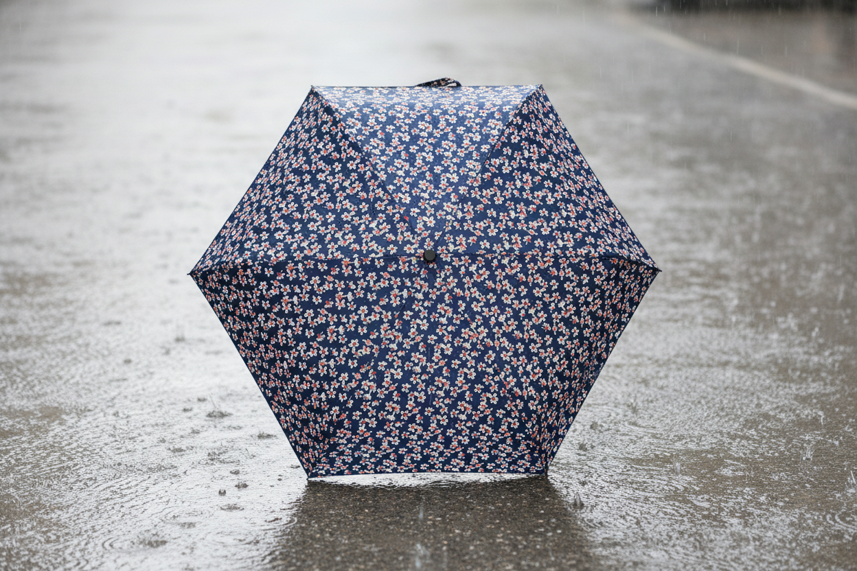 Super Mini Compact Umbrella - 5 Floral Patterns - L18cm Closed open with a navy canopy covered in tiny pale floral blooms on a wet pavement in Fashion