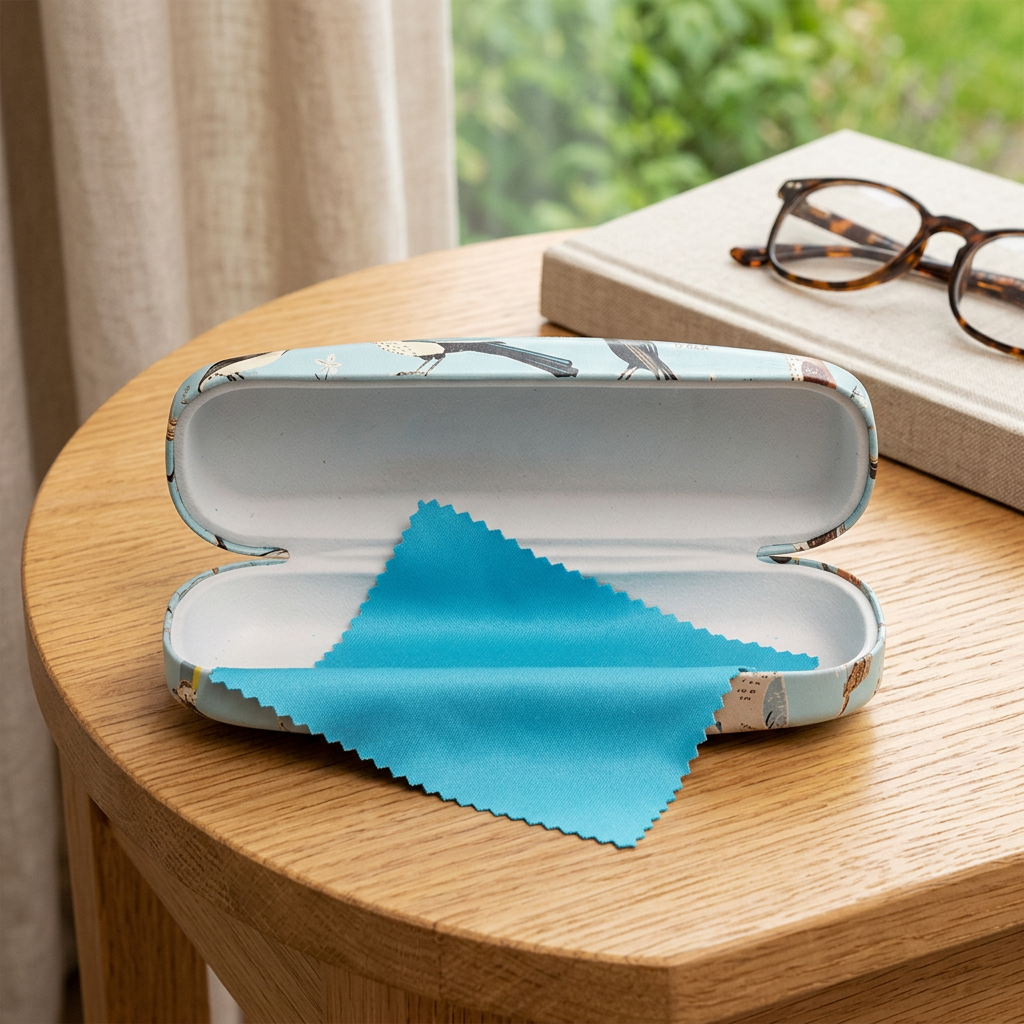 Open Garden Birds glasses case lying flat with an unbranded cleaning cloth