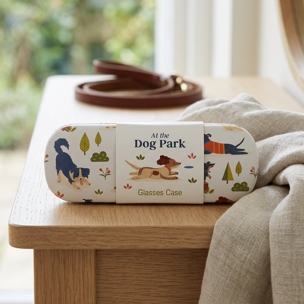 Park Dogs glasses case with sleeve in a softly lit hallway setting