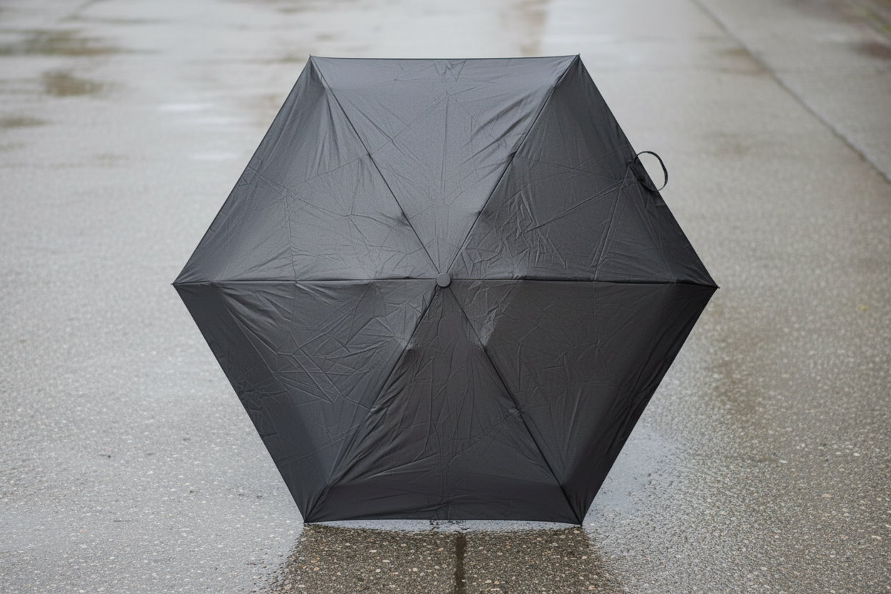 Super Mini Compact Umbrella - 5 Floral Patterns - L18cm Closed shown open with a black canopy on wet pavement for compact rain protection in Fashion