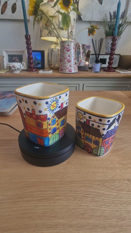 Pair of Colourful Whimsical Village Ceramic Pots H4.5"