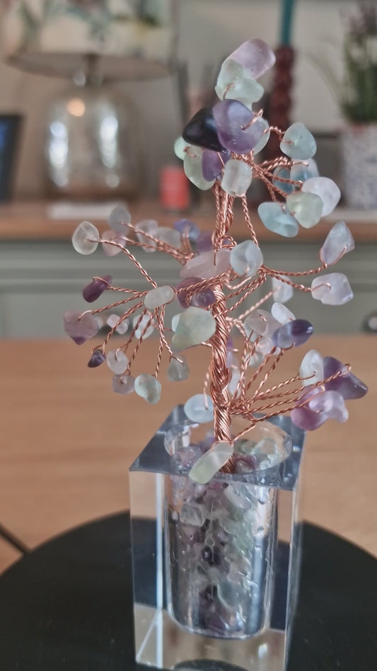 Crystal Mini Tree with Clear Vase H18cm: Colourful Fluorite