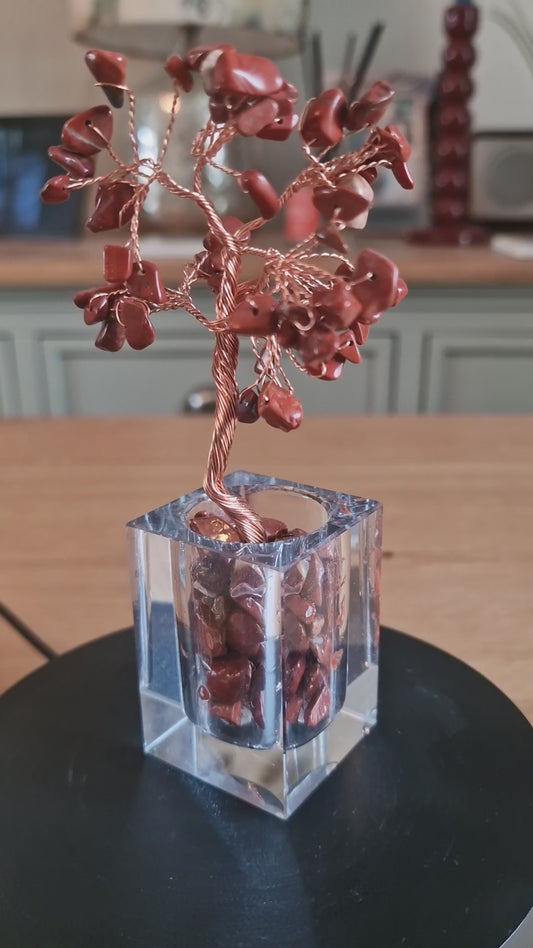 Crystal Mini Tree with Clear Vase H18cm: Red Jasper