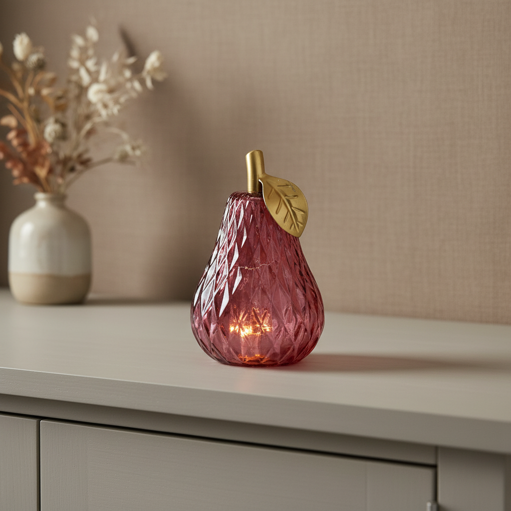 Red Glass Pear LED Light with Gold Stem & Leaf in faceted translucent red glass with warm LED glow