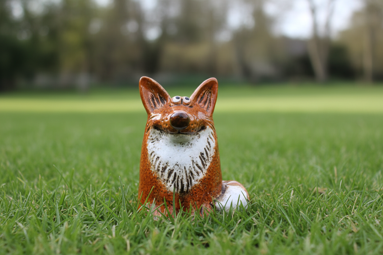 Rustic Sitting Fox on Lawn