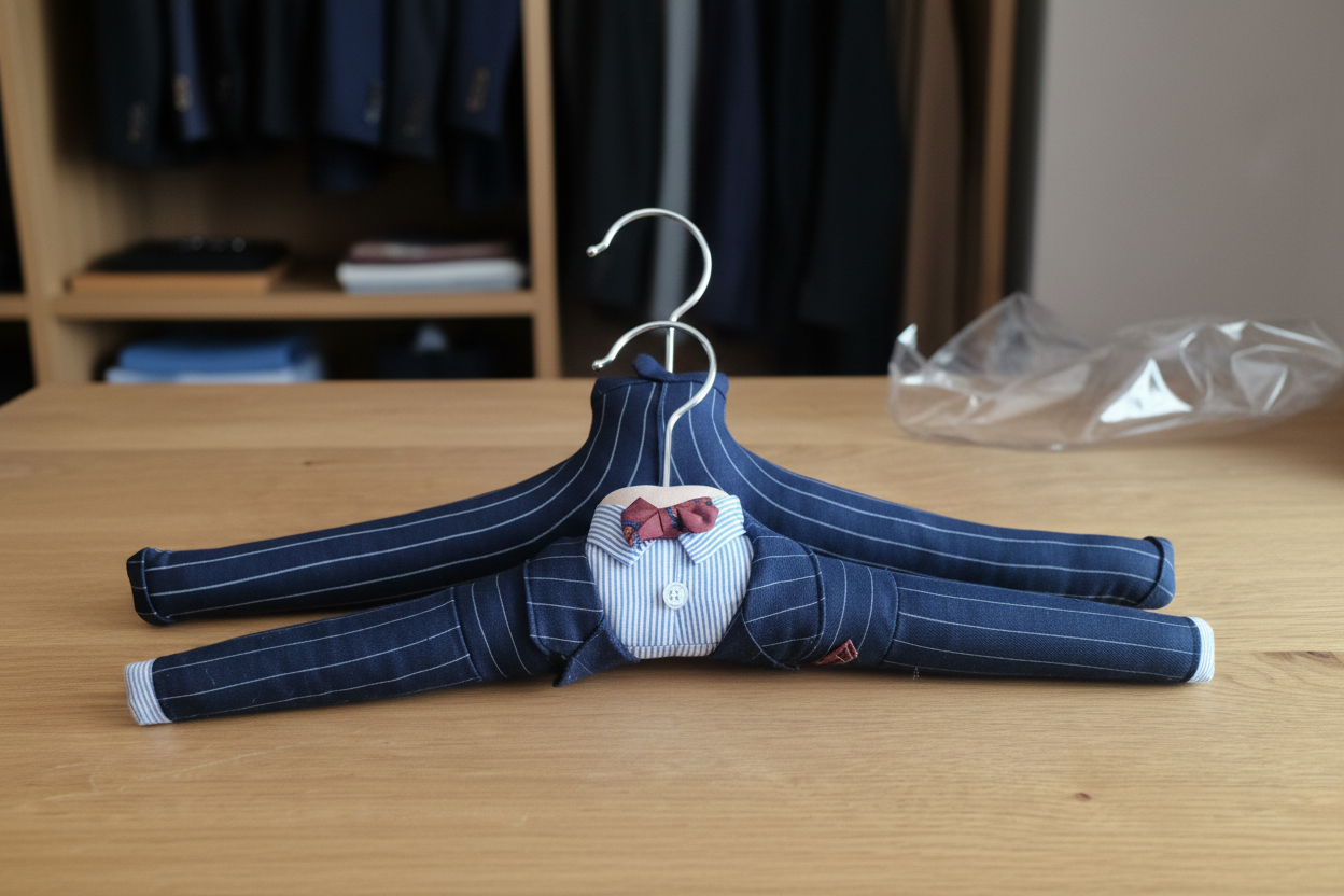 Set of 2 Men's Novelty Padded Hangers | Pinstripe Suit Design in navy blue striped fabric with shirt red bow tie and handkerchief detail in Homeware