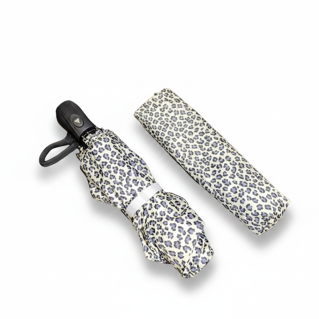 Auto Open Compact Umbrella - 3 Patterns - L31cm Closed with pale snow leopard print cover black handle and matching sleeve for compact Fashion rain protection
