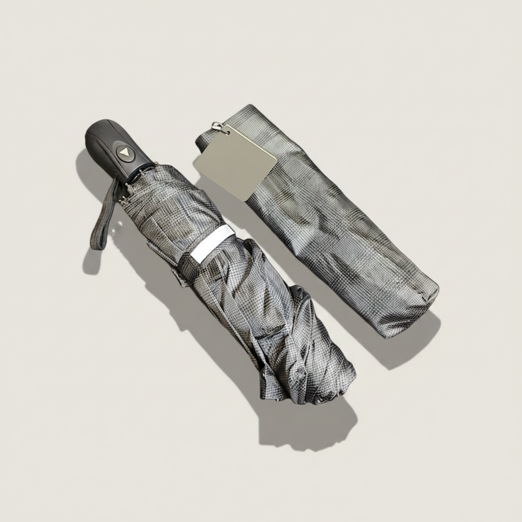 Auto Open Compact Umbrella - 3 Patterns - L31cm Closed in grey check fabric with black curved handle and matching sleeve for compact rain protection in Fashion