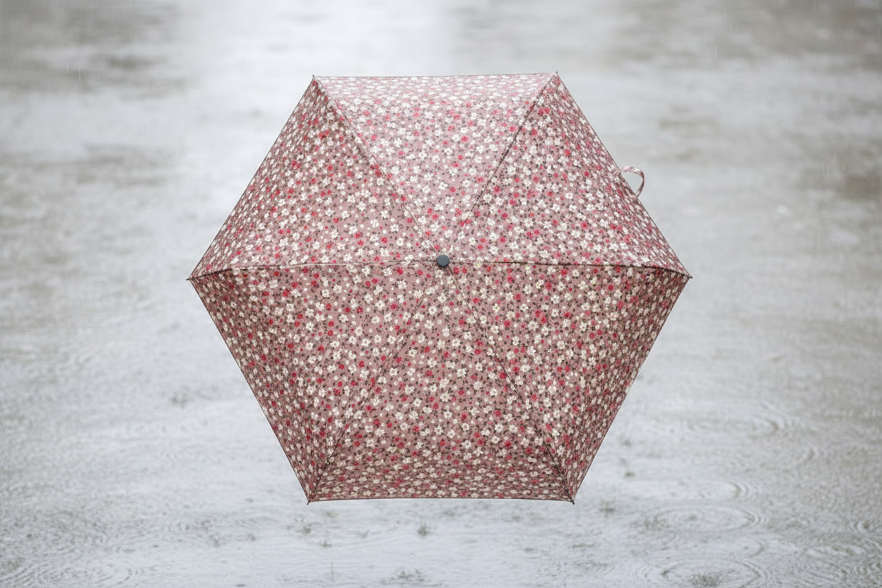 Super Mini Compact Umbrella - 5 Floral Patterns - L18cm Closed shown open with a delicate mauve and white floral canopy for stylish Fashion rain protection