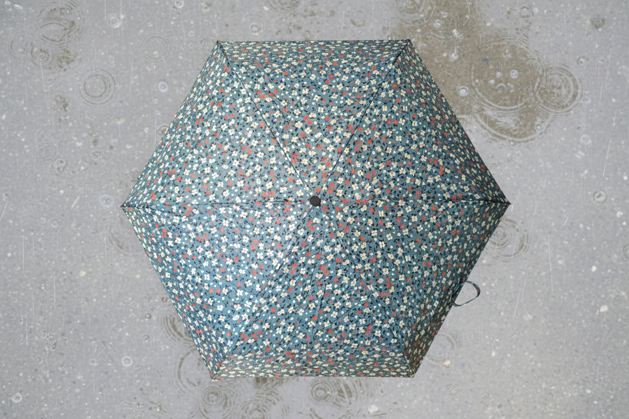 Super Mini Compact Umbrella - 5 Floral Patterns - L18cm Closed open with an aqua floral canopy and dark edging against a rainy background for Fashion