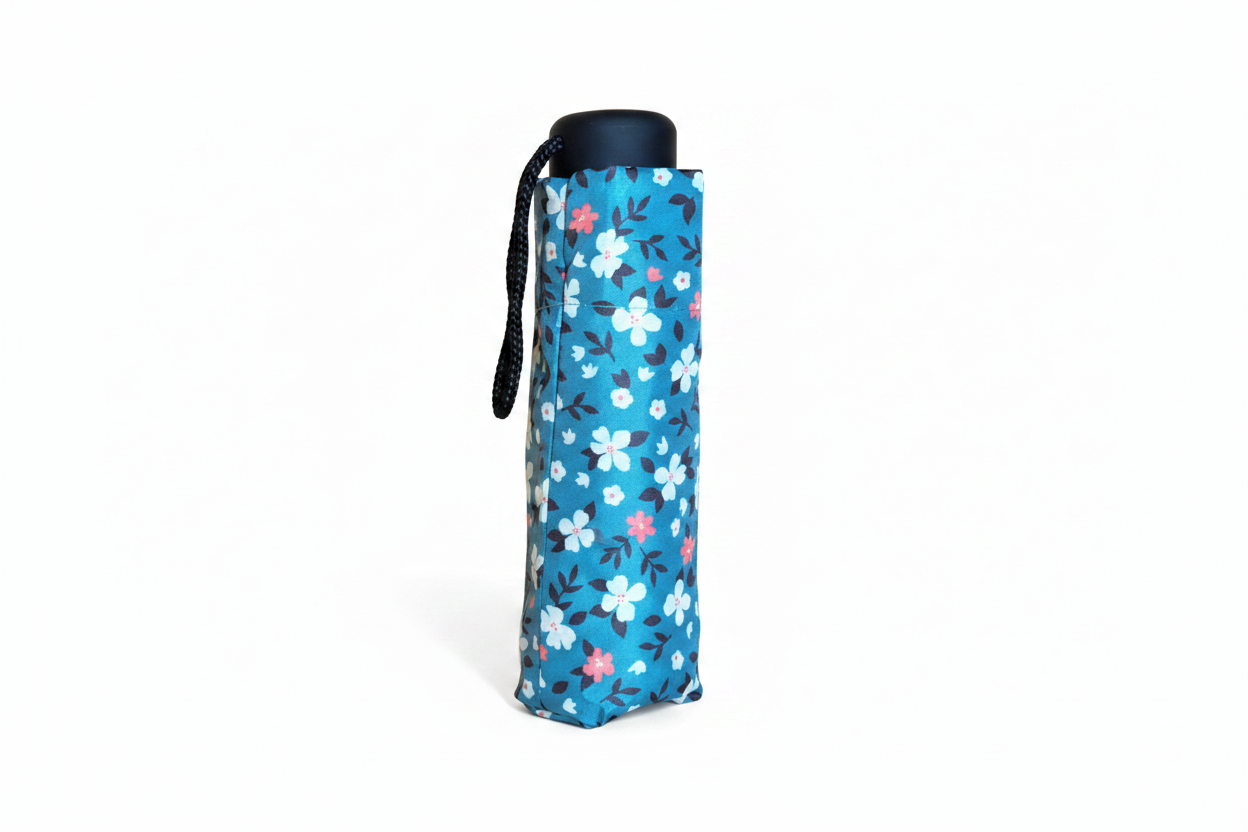 Super Mini Compact Umbrella - 5 Floral Patterns - L18cm Closed in navy floral fabric with a black cap and wrist strap, shown as a compact Fashion umbrella