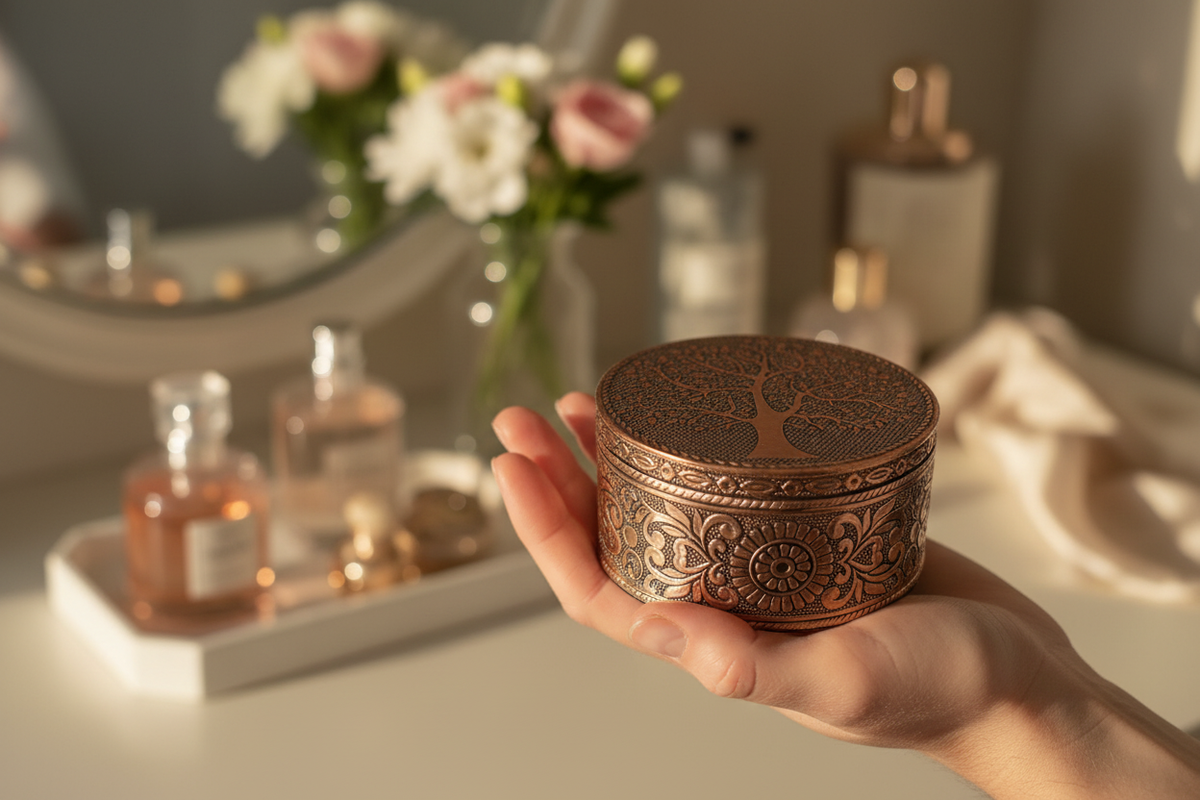 Tree of Life Copper Embossed Trinket & Jewellery Box, 10cm featuring floral embossed lid and ornate botanical detailing