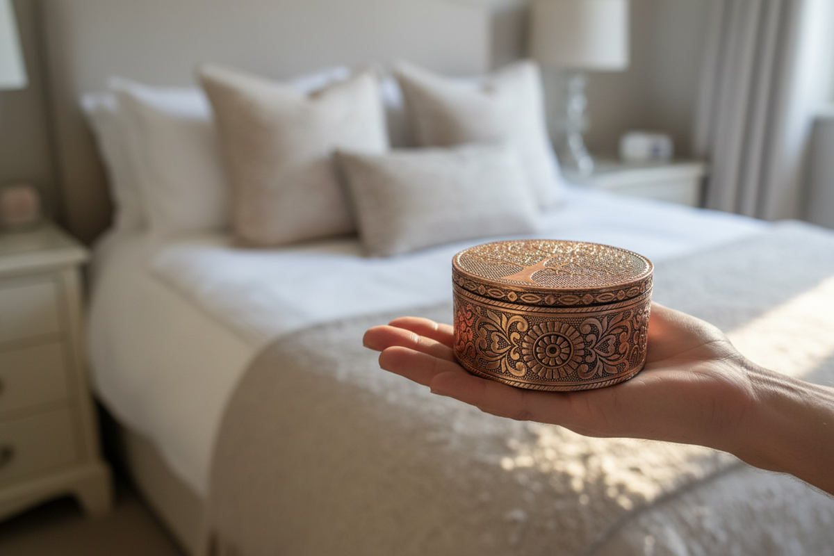 Tree of Life Copper Embossed Trinket & Jewellery Box, 10cm with embossed Tree of Life and floral detailing