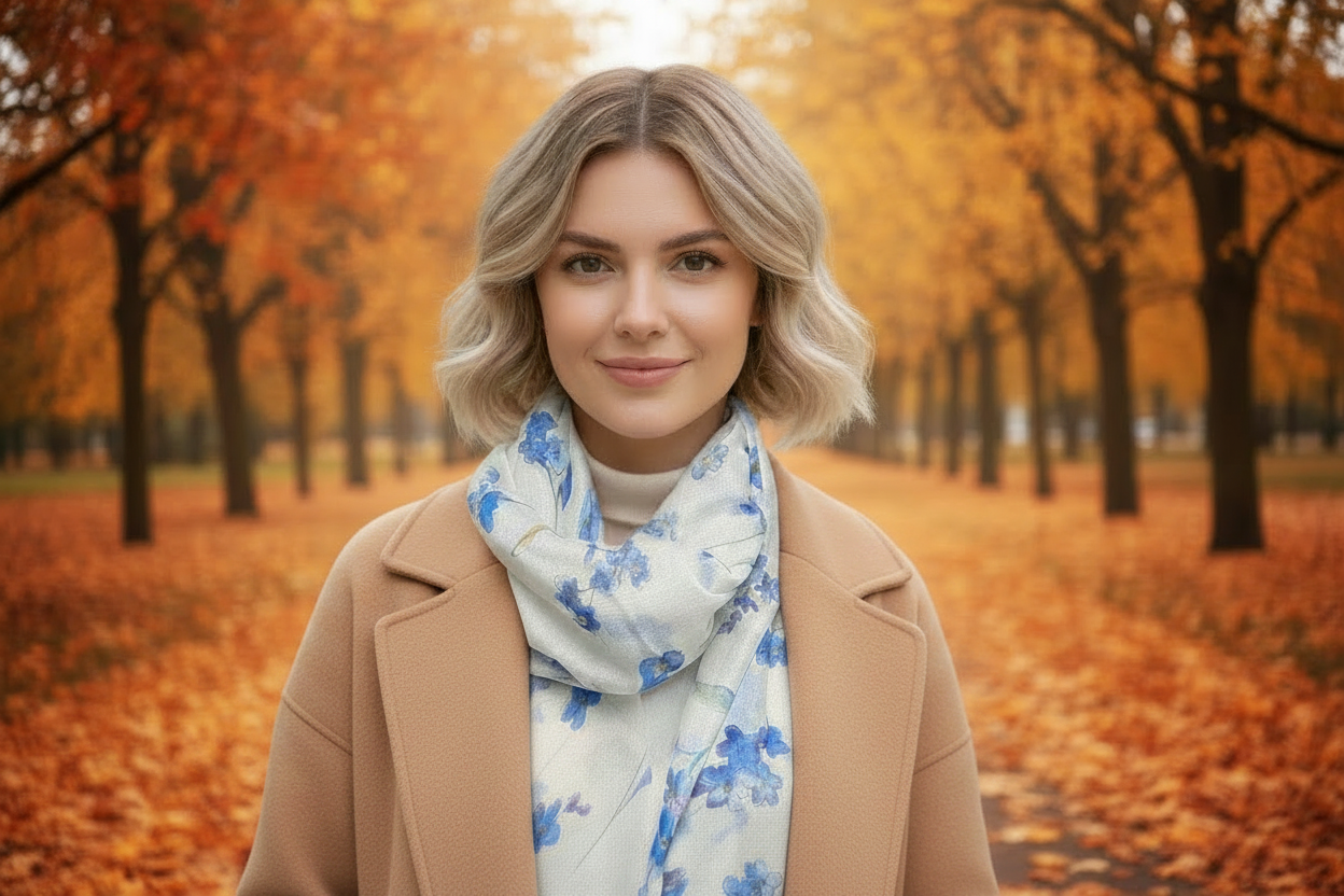 White Forget-Me-Not Scarf - Autumn with Coat